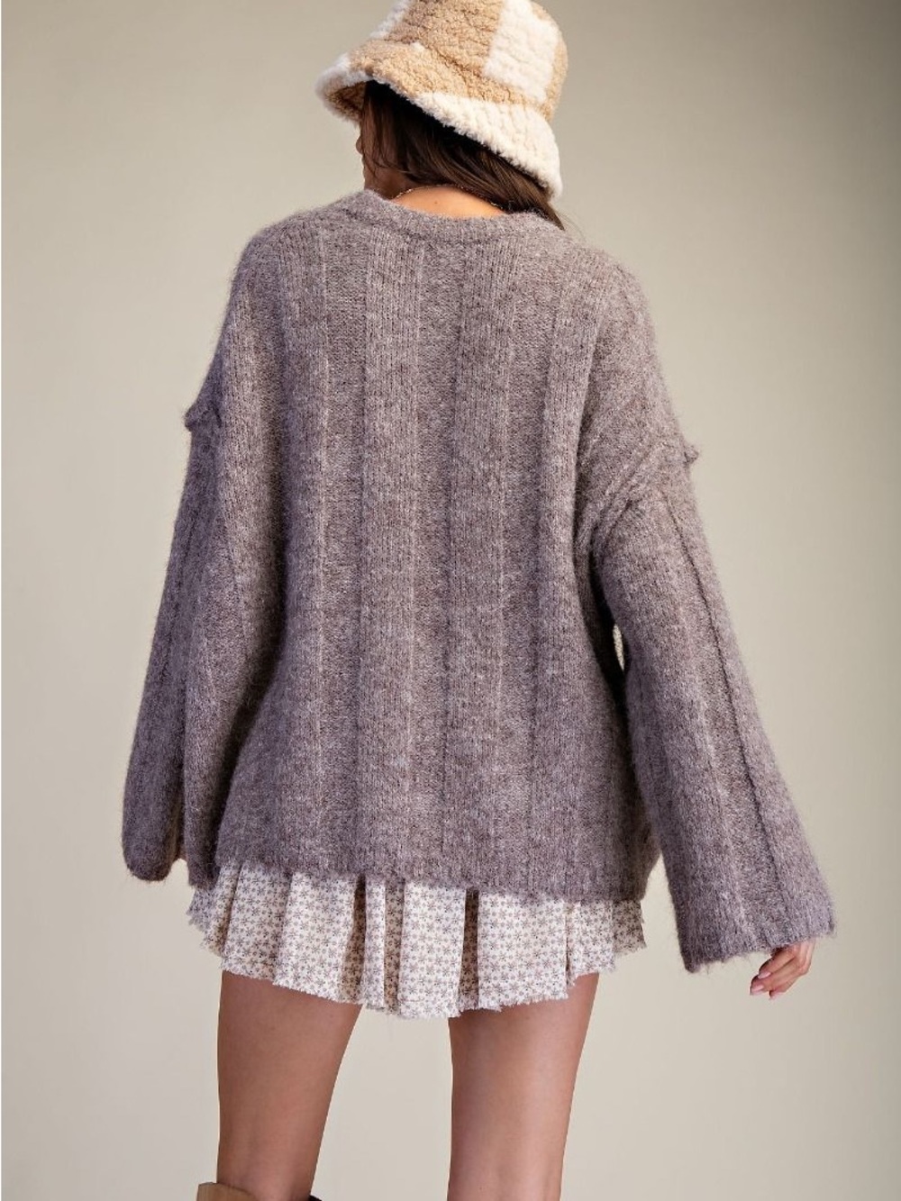 48.Easel OVERSIZED LONG SLEEVE FUZZ KNITTED SWEATER taupe brown mocha - Picture 6 of 6